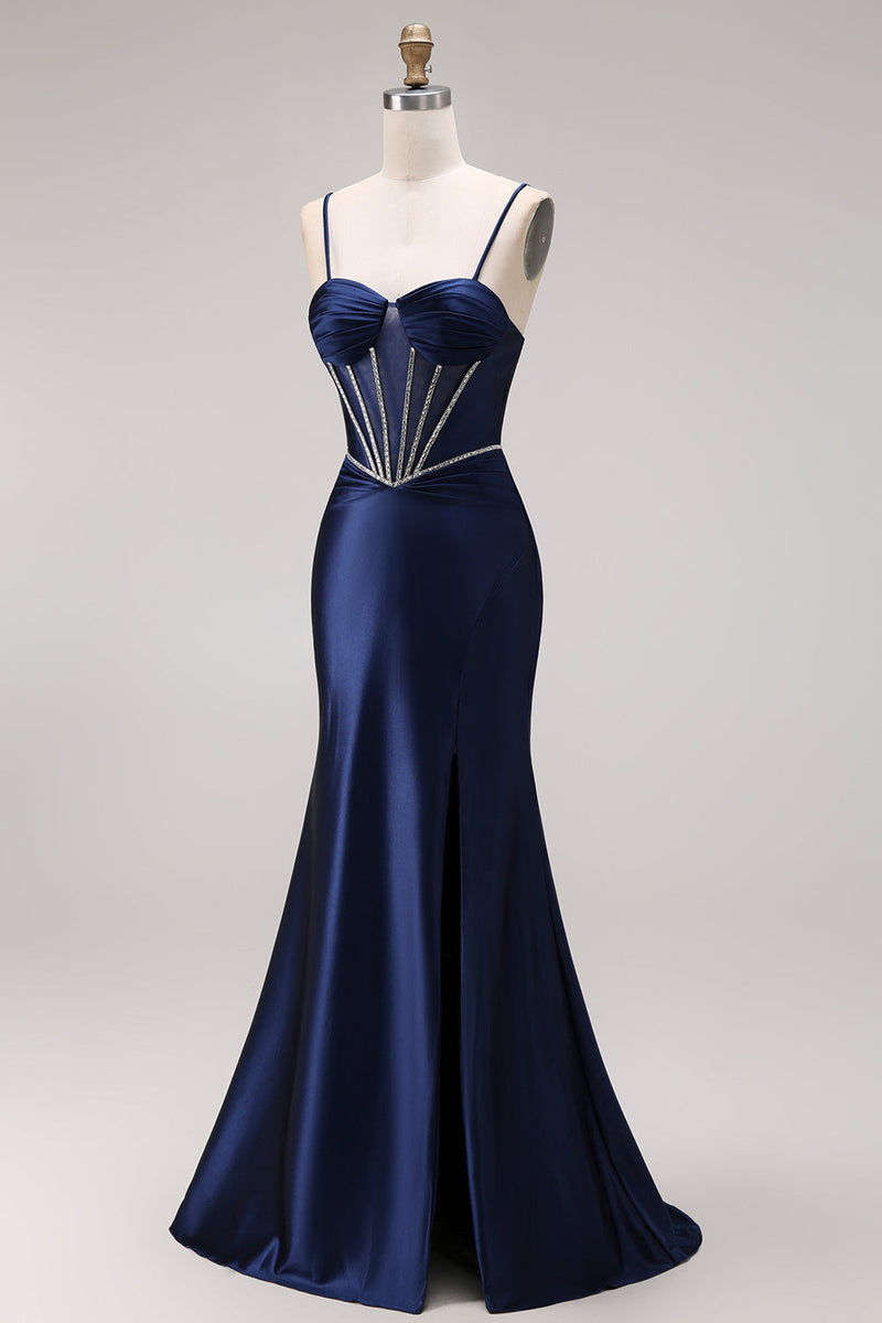 Load image into Gallery viewer, Corset Navy Mermaid Beaded Spaghetti Straps Long Prom Dress with Slit