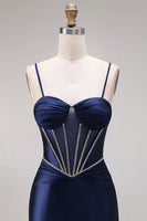 Load image into Gallery viewer, Corset Navy Mermaid Beaded Spaghetti Straps Long Prom Dress with Slit