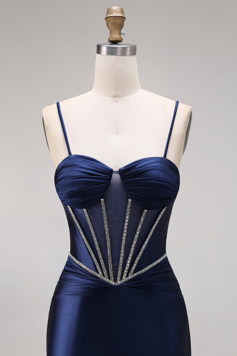 Load image into Gallery viewer, Corset Navy Mermaid Beaded Spaghetti Straps Long Prom Dress with Slit
