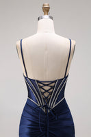 Load image into Gallery viewer, Corset Navy Mermaid Beaded Spaghetti Straps Long Prom Dress with Slit