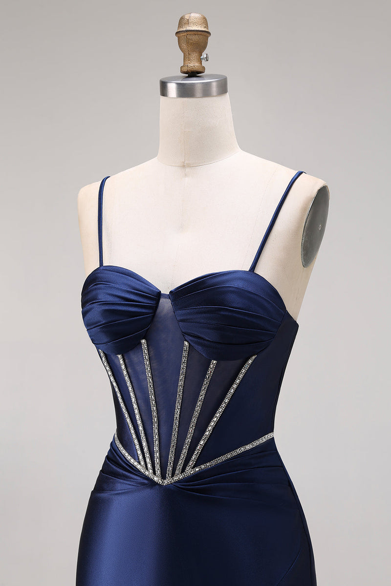 Load image into Gallery viewer, Corset Navy Mermaid Beaded Spaghetti Straps Long Prom Dress with Slit