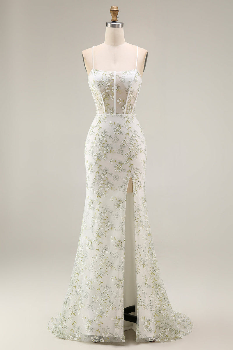 Load image into Gallery viewer, White Green Flower Mermaid Corset Spaghetti Straps Long Prom Dress with Slit