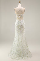 Load image into Gallery viewer, White Green Flower Mermaid Corset Spaghetti Straps Long Prom Dress with Slit