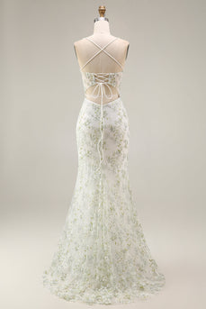 White Green Flower Mermaid Corset Spaghetti Straps Long Prom Dress with Slit