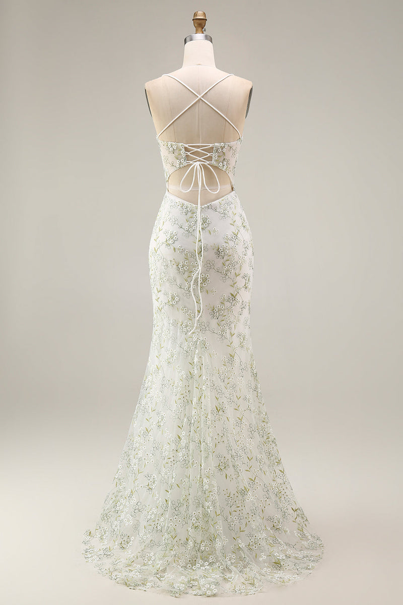 Load image into Gallery viewer, White Green Flower Mermaid Corset Spaghetti Straps Long Prom Dress with Slit