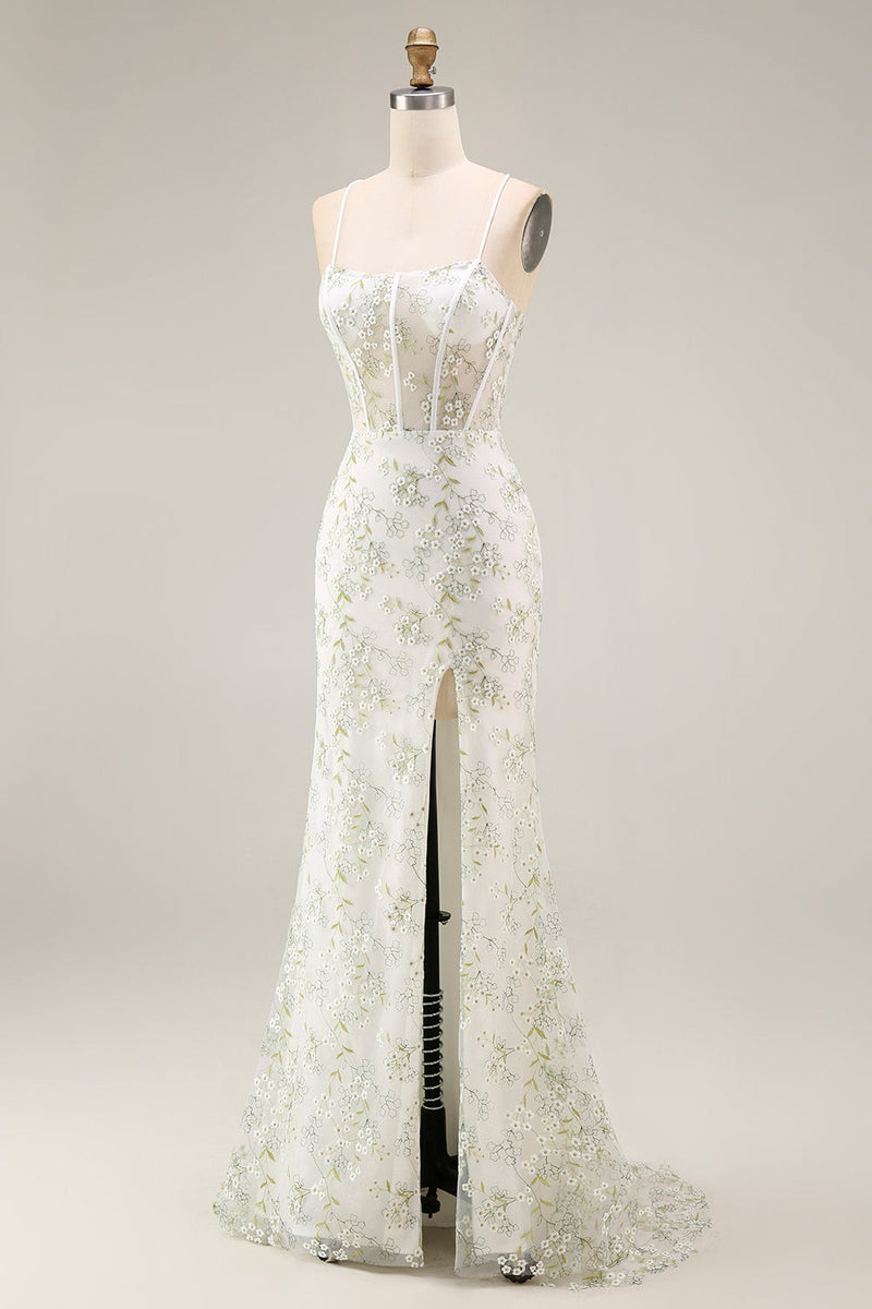 Load image into Gallery viewer, White Green Flower Mermaid Corset Spaghetti Straps Long Prom Dress with Slit