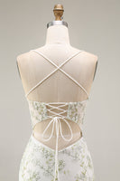 Load image into Gallery viewer, White Green Flower Mermaid Corset Spaghetti Straps Long Prom Dress with Slit