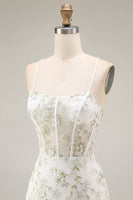 Load image into Gallery viewer, White Green Flower Mermaid Corset Spaghetti Straps Long Prom Dress with Slit