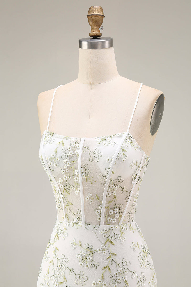 Load image into Gallery viewer, White Green Flower Mermaid Corset Spaghetti Straps Long Prom Dress with Slit