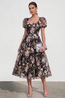 Load image into Gallery viewer, Black Pink Flower A Line Maxi Puff Sleeves Wedding Guest Dress