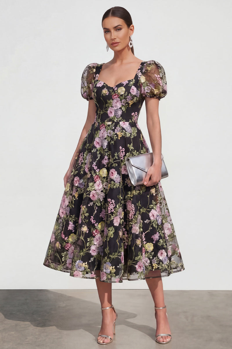 Load image into Gallery viewer, Black Pink Flower A Line Maxi Puff Sleeves Wedding Guest Dress