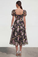 Load image into Gallery viewer, Black Pink Flower A Line Maxi Puff Sleeves Wedding Guest Dress