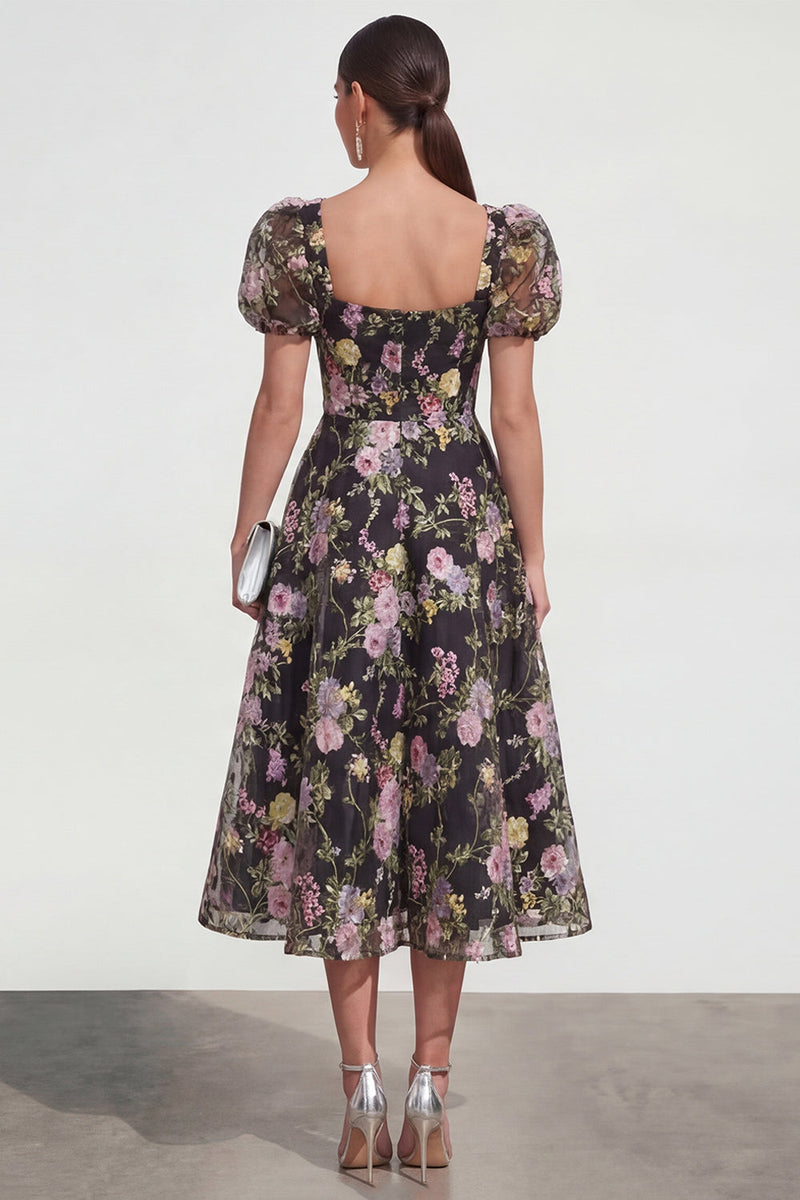 Load image into Gallery viewer, Black Pink Flower A Line Maxi Puff Sleeves Wedding Guest Dress