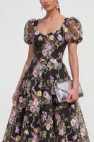 Load image into Gallery viewer, Black Pink Flower A Line Maxi Puff Sleeves Wedding Guest Dress