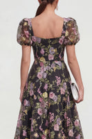 Load image into Gallery viewer, Black Pink Flower A Line Maxi Puff Sleeves Wedding Guest Dress