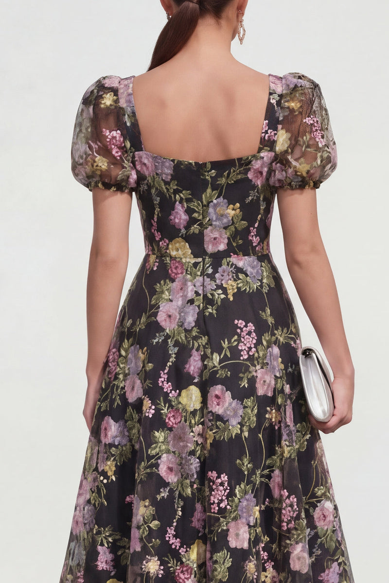 Load image into Gallery viewer, Black Pink Flower A Line Maxi Puff Sleeves Wedding Guest Dress