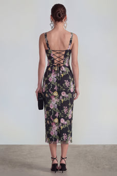 Square Neck Bodycon Black Pink Flower Maxi Wedding Guest Dress