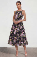 Load image into Gallery viewer, Spaghetti Straps A Line Black Pink Flower Maxi Wedding Guest Dress