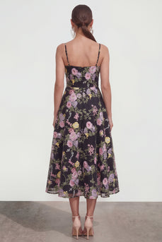 Spaghetti Straps A Line Black Pink Flower Maxi Wedding Guest Dress