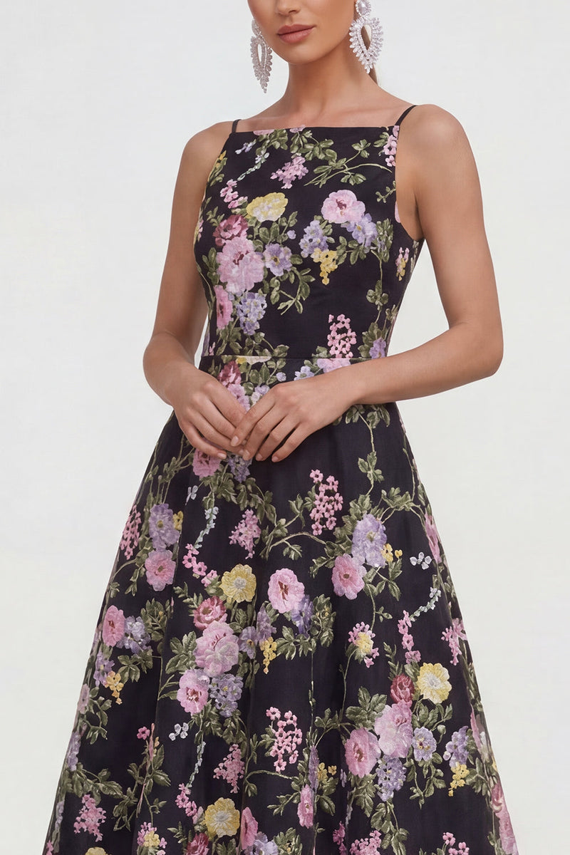 Load image into Gallery viewer, Spaghetti Straps A Line Black Pink Flower Maxi Wedding Guest Dress