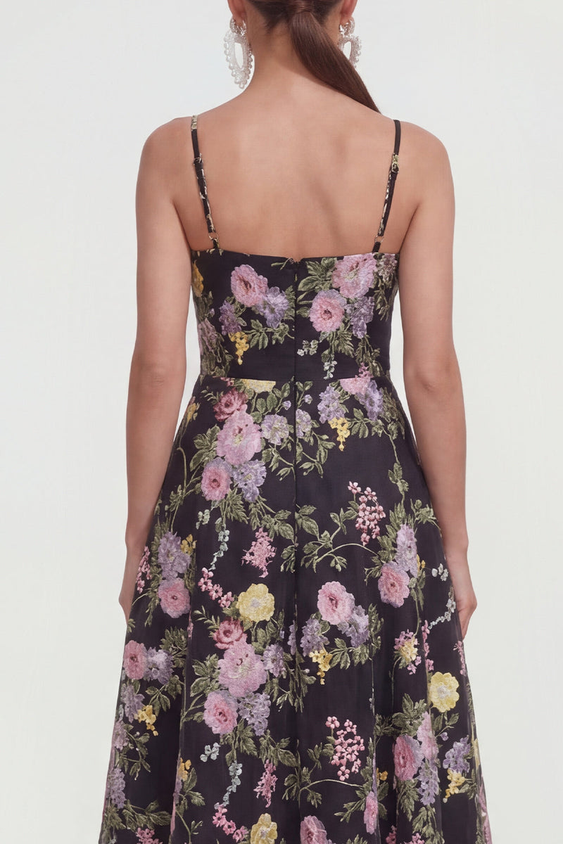 Load image into Gallery viewer, Spaghetti Straps A Line Black Pink Flower Maxi Wedding Guest Dress