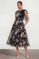 Load image into Gallery viewer, Black Pink Flower Maxi A Line Wedding Guest Dress with Pockets