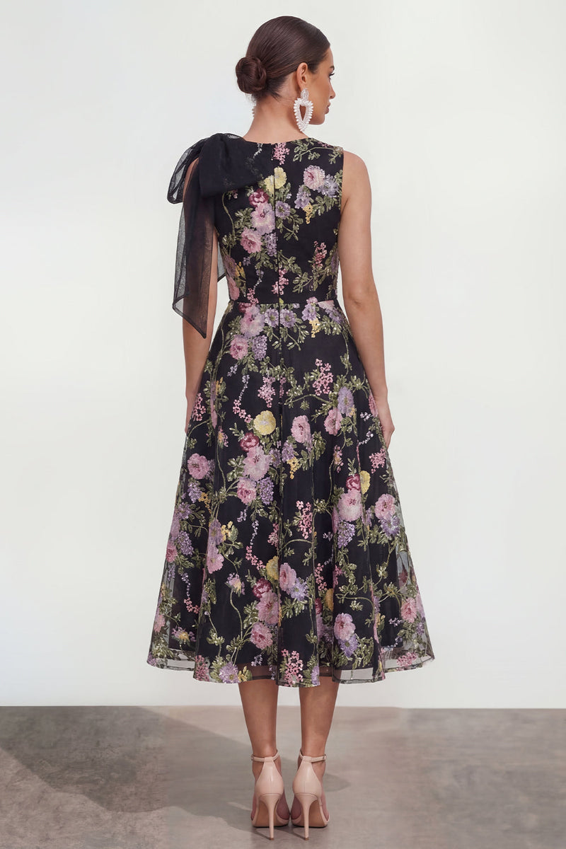 Load image into Gallery viewer, Black Pink Flower Maxi A Line Wedding Guest Dress with Pockets