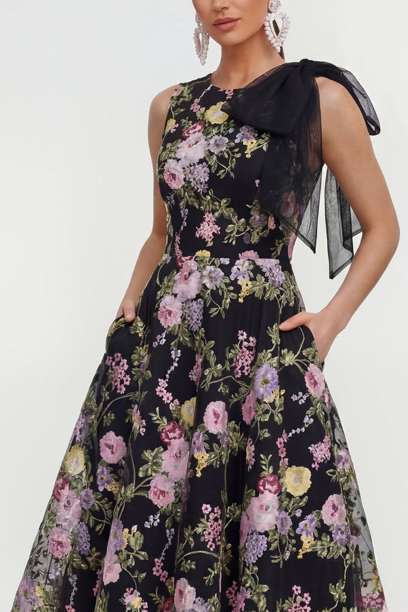 Load image into Gallery viewer, Black Pink Flower Maxi A Line Wedding Guest Dress with Pockets