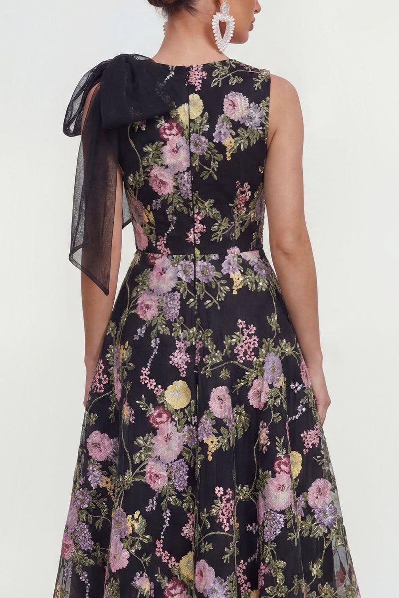 Load image into Gallery viewer, Black Pink Flower Maxi A Line Wedding Guest Dress with Pockets