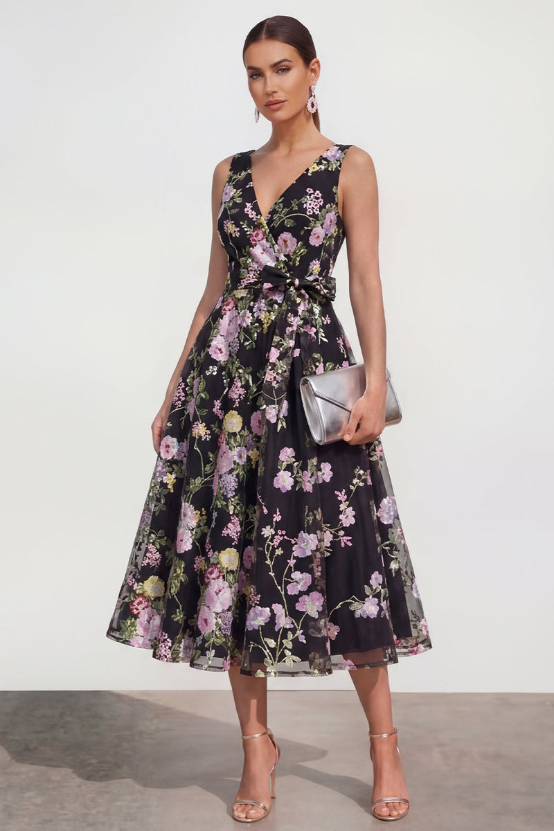 Load image into Gallery viewer, V-Neck Black Pink Flower Maxi A Line Wedding Guest Dress with Bow