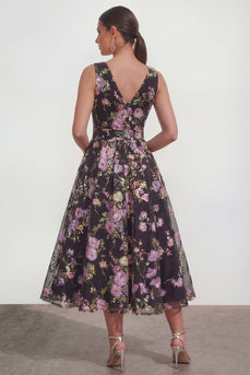 V-Neck Black Pink Flower Maxi A Line Wedding Guest Dress with Bow