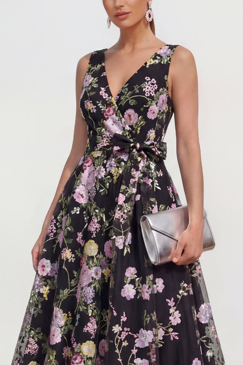 Load image into Gallery viewer, V-Neck Black Pink Flower Maxi A Line Wedding Guest Dress with Bow