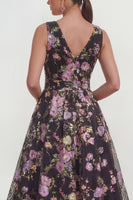 Load image into Gallery viewer, V-Neck Black Pink Flower Maxi A Line Wedding Guest Dress with Bow