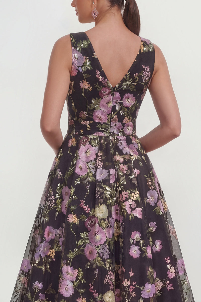 Load image into Gallery viewer, V-Neck Black Pink Flower Maxi A Line Wedding Guest Dress with Bow