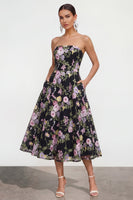 Load image into Gallery viewer, Strapless Black Pink Flower Maxi A Line Wedding Guest Dress with Pockets