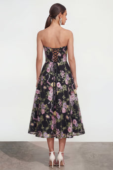 Strapless Black Pink Flower Maxi A Line Wedding Guest Dress with Pockets
