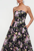 Load image into Gallery viewer, Strapless Black Pink Flower Maxi A Line Wedding Guest Dress with Pockets