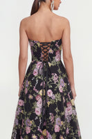 Load image into Gallery viewer, Strapless Black Pink Flower Maxi A Line Wedding Guest Dress with Pockets