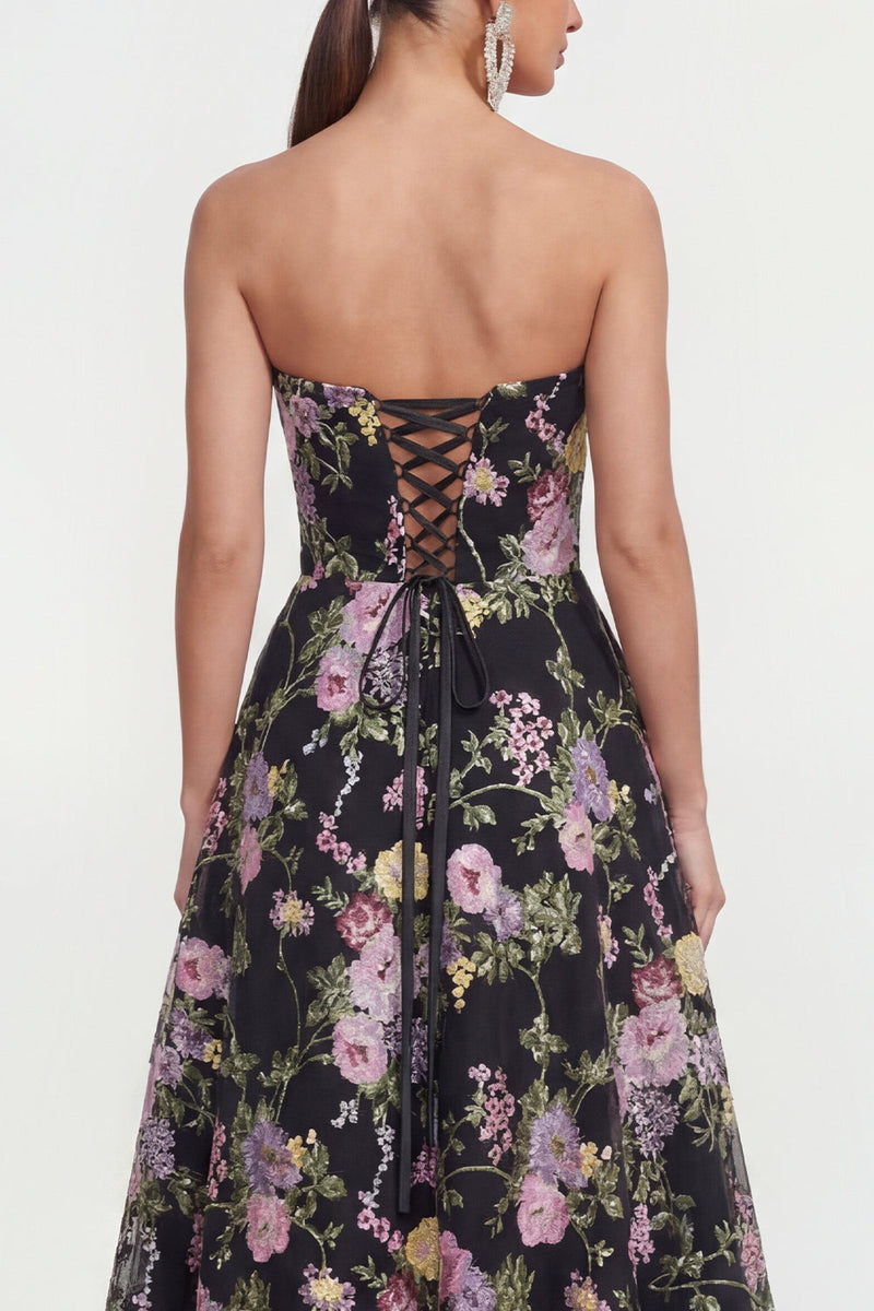Load image into Gallery viewer, Strapless Black Pink Flower Maxi A Line Wedding Guest Dress with Pockets