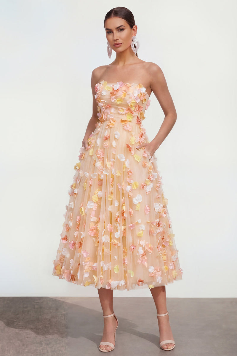 Load image into Gallery viewer, Champagne Floral Strapless Maxi A Line Wedding Guest Dress with Pockets