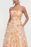 Load image into Gallery viewer, Champagne Floral Strapless Maxi A Line Wedding Guest Dress with Pockets