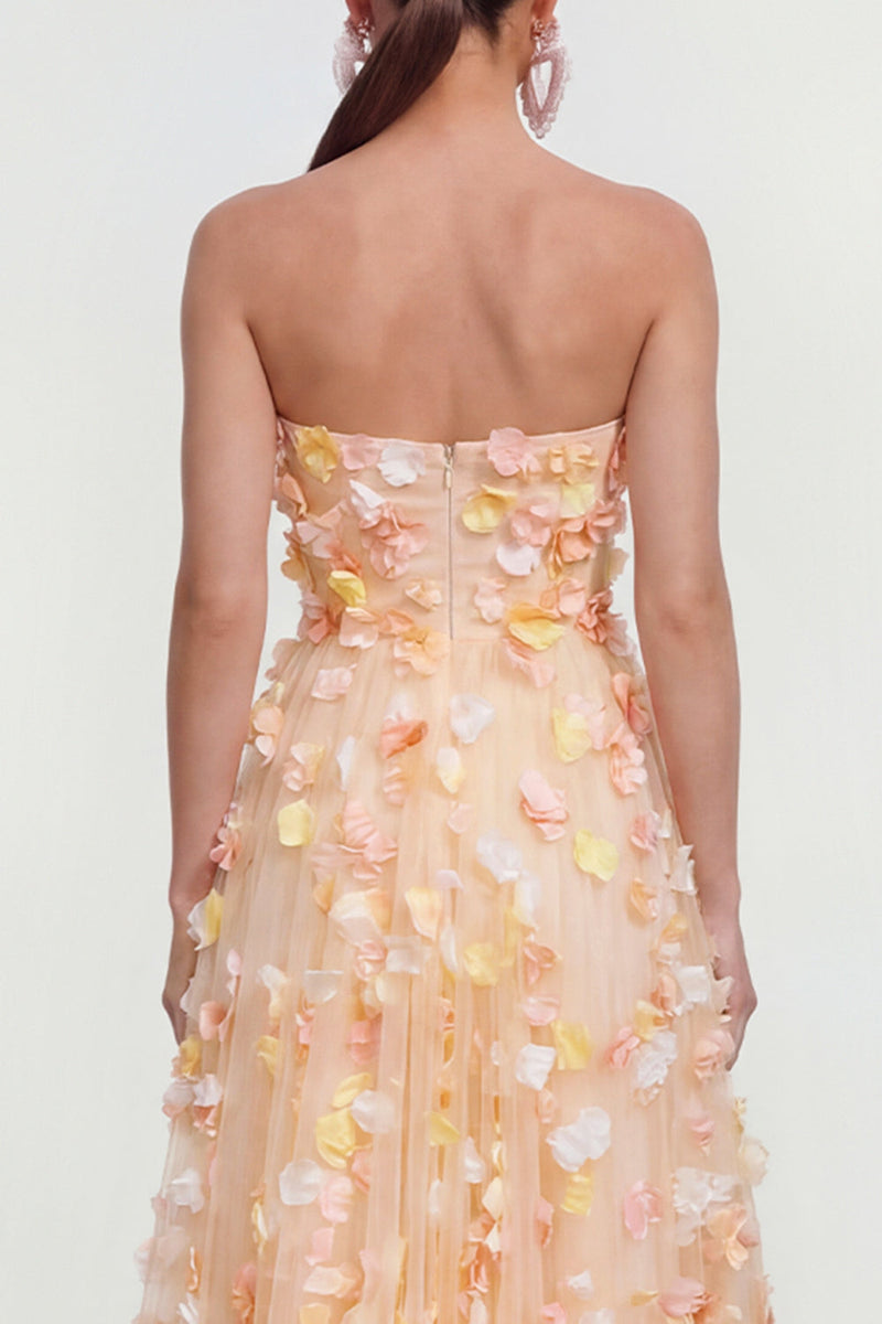 Load image into Gallery viewer, Champagne Floral Strapless Maxi A Line Wedding Guest Dress with Pockets