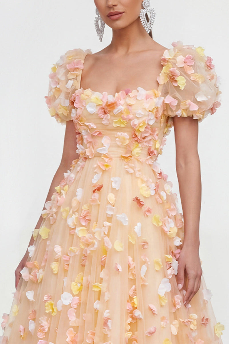 Load image into Gallery viewer, Champagne Floral Puff Sleeves Maxi A Line Wedding Guest Dress