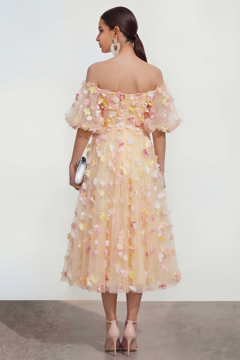 Load image into Gallery viewer, Off the Shoulder Floral Champagne A Line Maxi Wedding Guest Dress