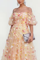 Load image into Gallery viewer, Off the Shoulder Floral Champagne A Line Maxi Wedding Guest Dress