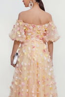 Load image into Gallery viewer, Off the Shoulder Floral Champagne A Line Maxi Wedding Guest Dress