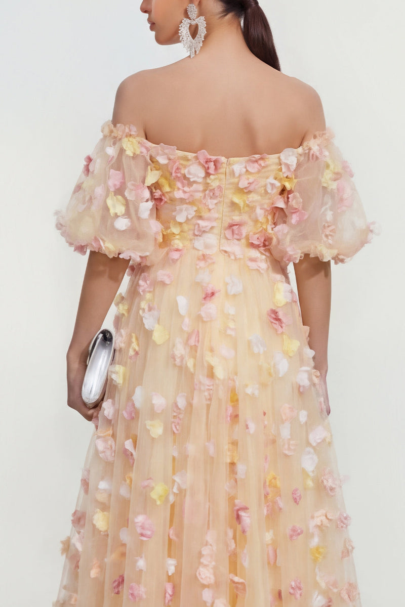 Load image into Gallery viewer, Off the Shoulder Floral Champagne A Line Maxi Wedding Guest Dress