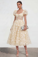Load image into Gallery viewer, Pink Corset Floral Puff Sleeves Maxi A Line Wedding Guest Dress