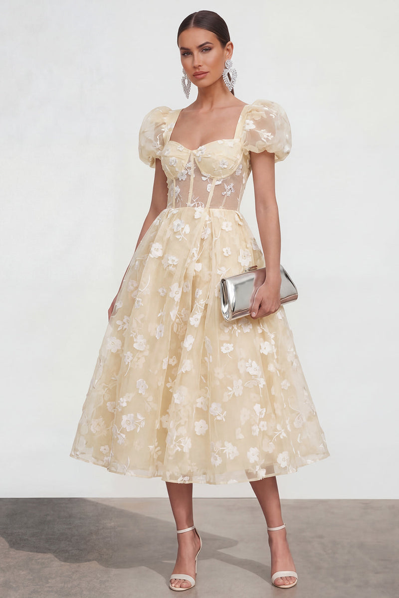 Load image into Gallery viewer, Pink Corset Floral Puff Sleeves Maxi A Line Wedding Guest Dress