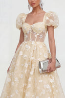 Load image into Gallery viewer, Pink Corset Floral Puff Sleeves Maxi A Line Wedding Guest Dress